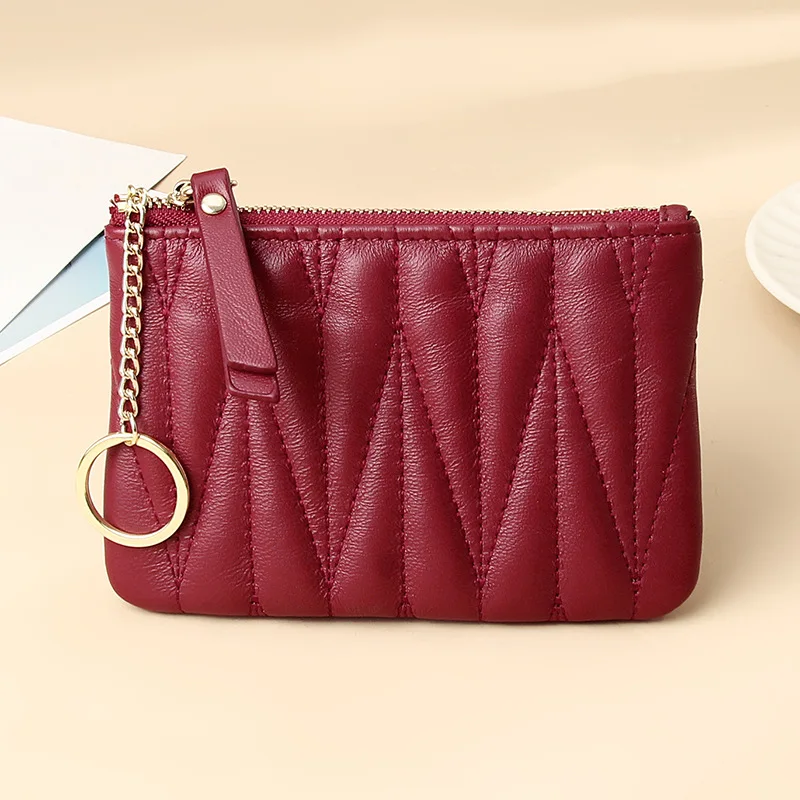 Women Sheepskin Zip Coin Wallet Key Chain Fashion Small Purse Money Designer Diamond Pattern Short Change Pouch Coin Purse