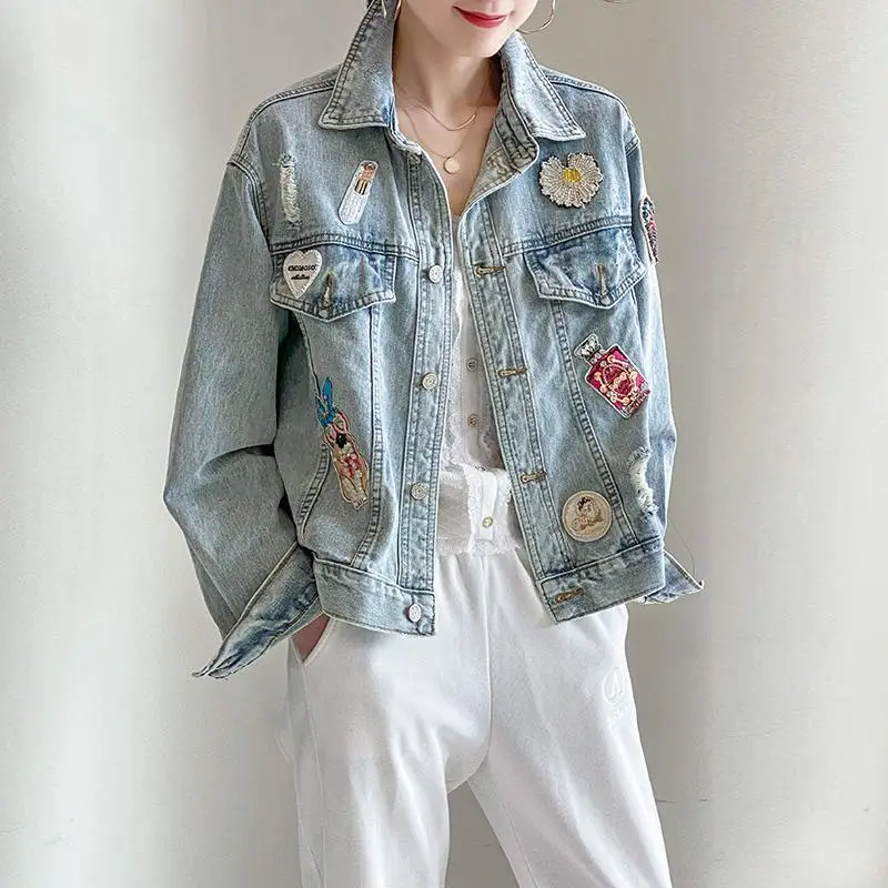 European Station 2022 Spring and Autumn New Heavy Industry Beaded Embroidered Denim Jacket Women's Short Korean Style Tide A475