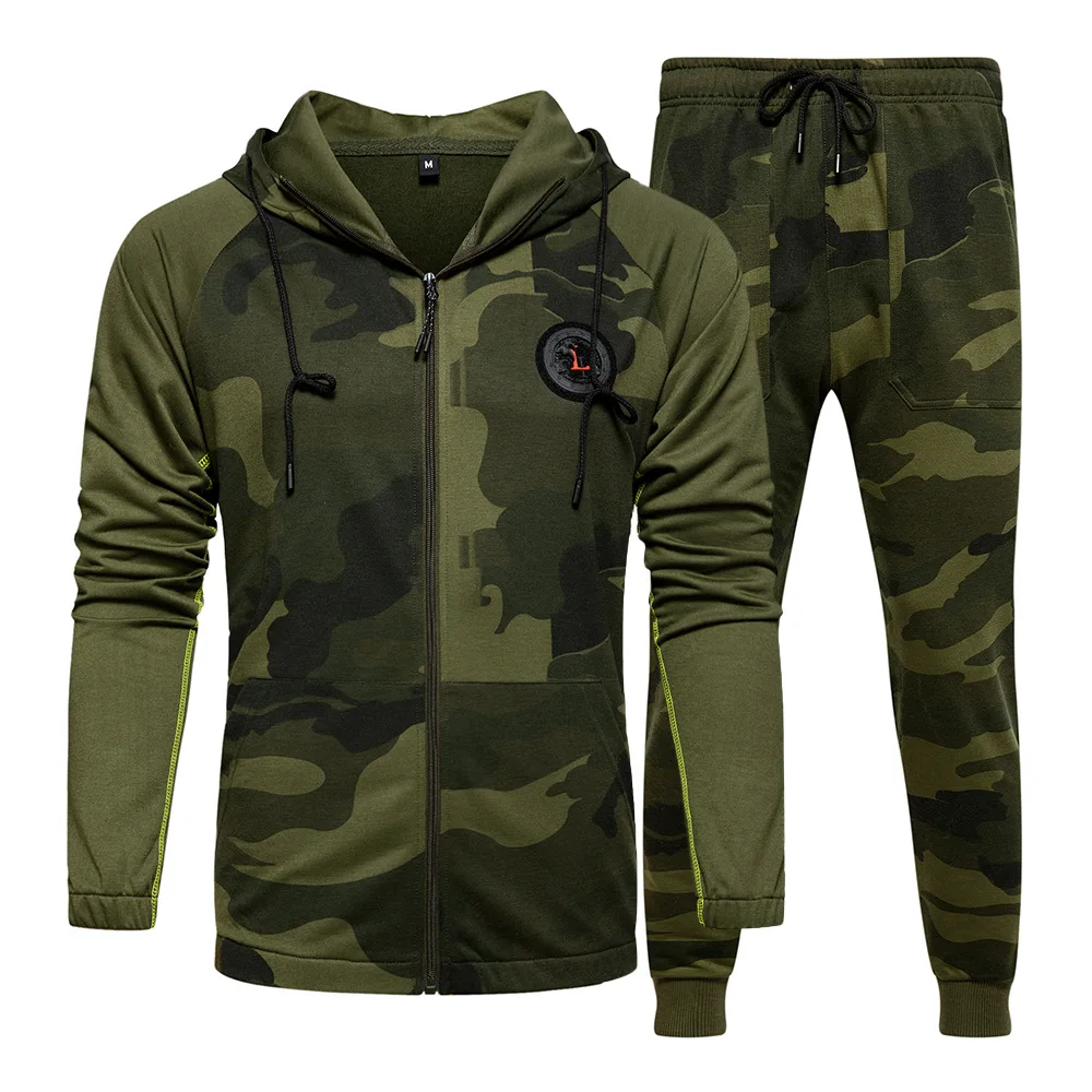 

Fashion 2022 (top+pants) Men's Casual Wear Zipper Cardigan Youth Sports Suit Spring Camouflage EURO Size Fattening Tracksuit Men