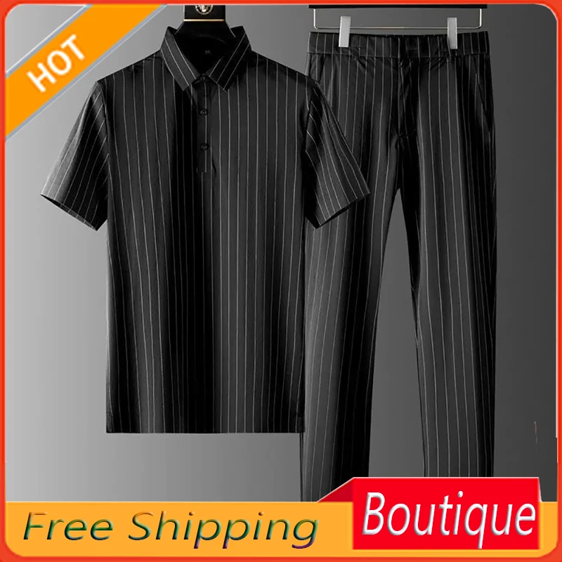 Light Luxury High-End Casual Ice Silk Suit Men's Summer Casual Short Sleeve Thin Striped Two-Piece Men's Clothing Men's Suit