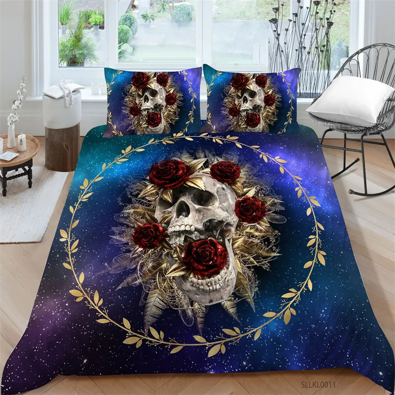 Sugar Skull Duvet Cover Gothic Skull Skeleton Bedding Set Horror Theme Comforter Cover Full King For Teens Adults Bedroom Decor