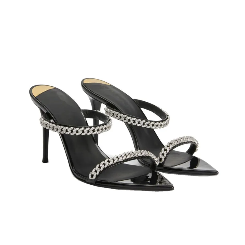 

2023Summer Women Slides Black Patent Leather Formal Dress Shoes Pointed Toe Thin High Heels Slippers Chains Decor Sandalias