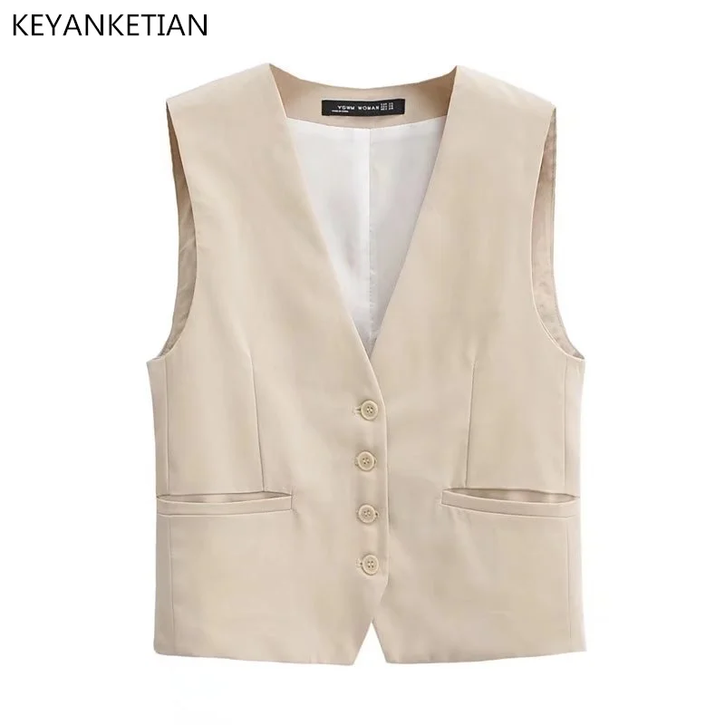

KEYANKETIAN New Light Khaki V-Neck Slim Suit Vest Women Commuter Wind Single Breasted Short Style Sleeveless Coat Top Thin