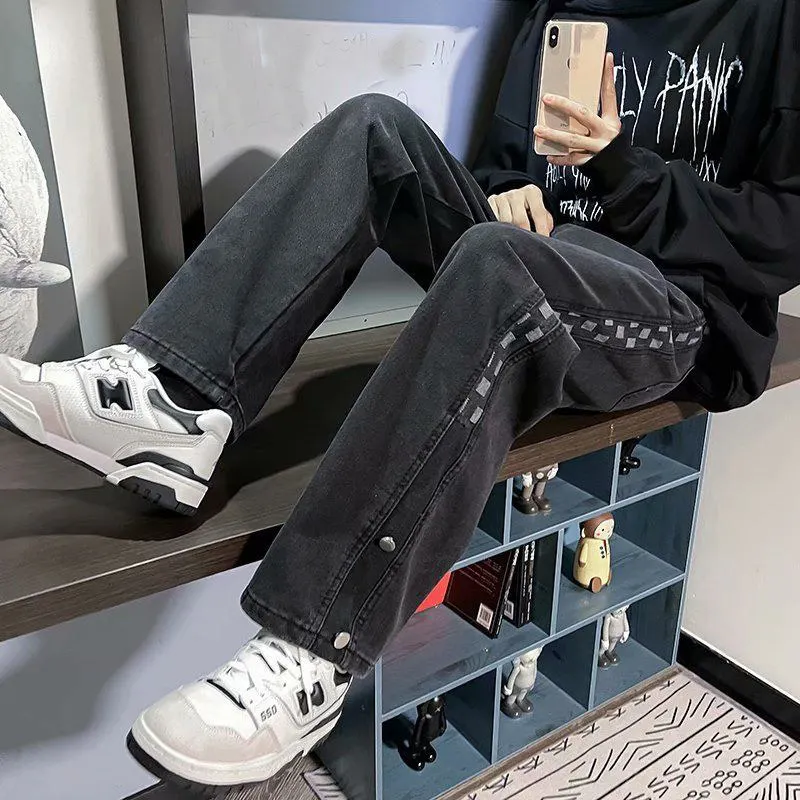 Men's Retro Harajuku Chessboard Print Patchwork High Street Loose Straight Wide Leg Denim Trousers Male Casual Baggy Jeans Pants