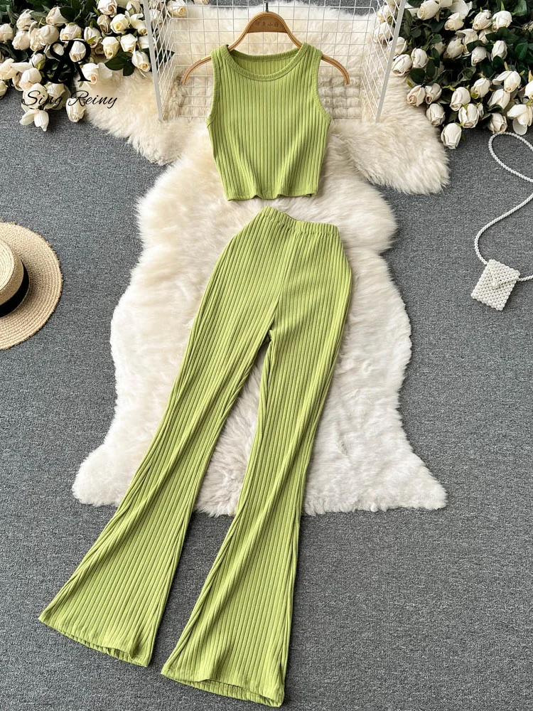 

Women Casual Pants Set Fashion Bodycon Slim Short Tank Top +Striped Wide Legs Long Pants Solid Summer Two Piece Suit