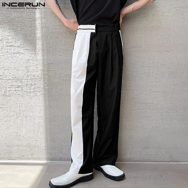 

INCERUN 2023 Korean Style New Men Trousers Stylish Loose High Waisted Pants Casual Male Contrasting Color Design Pantalons S-5XL