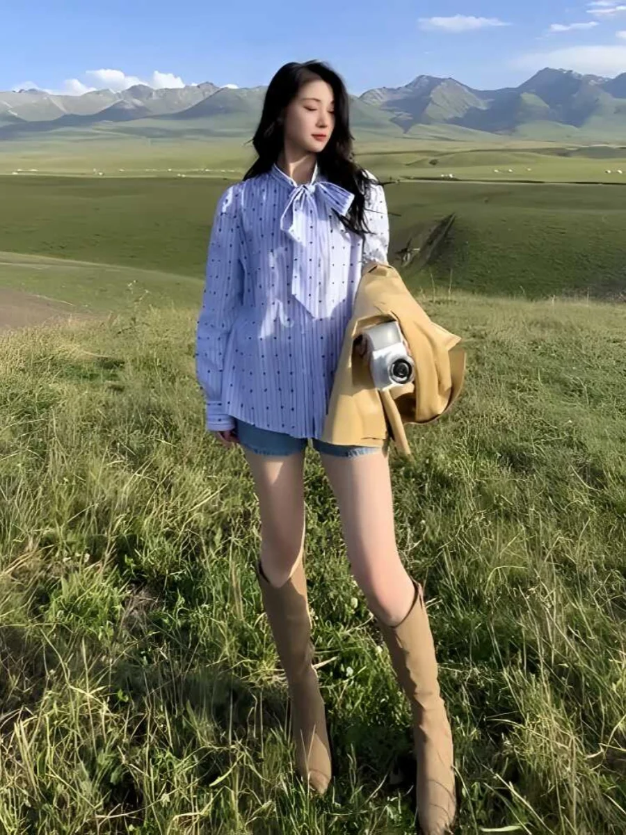 French sle Blue Shirts Women 2024 Autumn New Design Sense Bow Lace-up Polka Dot Shirt Stripe Top