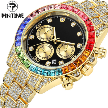 PINTIME Quartz Watch Men Luxury Diamond Hip Hop Colorful Chronograph Military Watches Man Clock Male Wristwatch Reloj Hombre-37327