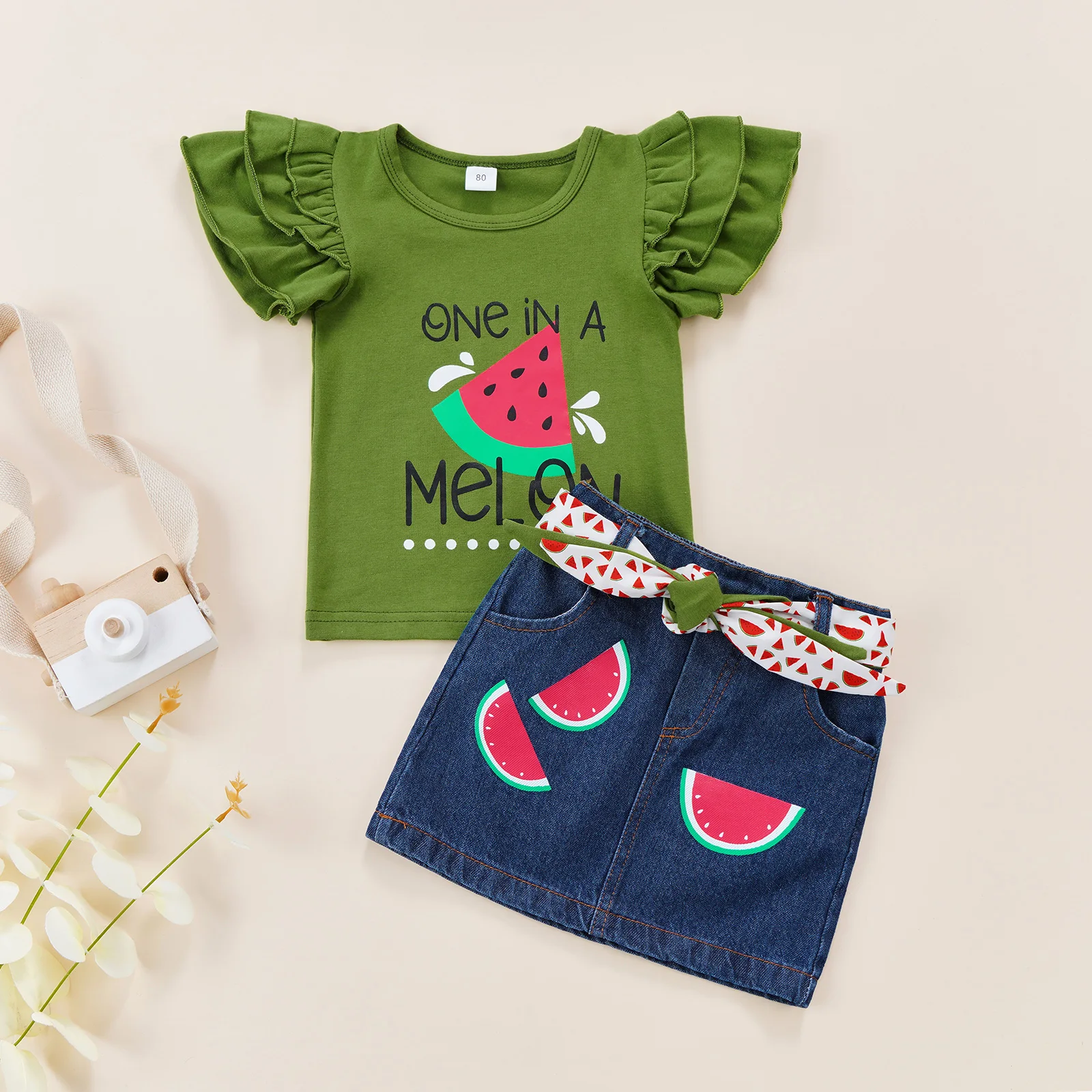 

Toddler Kid Girl Outfits Letter Watermelon Printed Ruffle Short Sleeve T-shirt Tops Denim Skirts Clothes Set