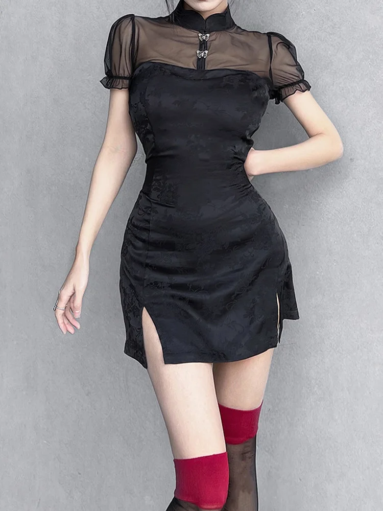

Dark Wind Retro Jacquard Stitching Slim Dress Casual Split Hip Slim Dress Women's 2022 Summer New Female Clothing Party Dresses