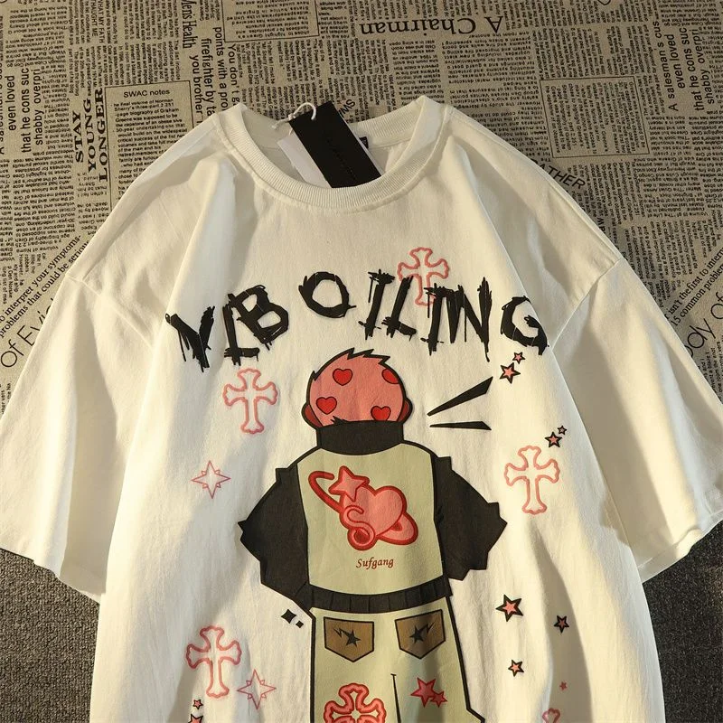 

New American Hip Hop Boy Hand-painted T Shirts Mens Streetwear Cool Grunge Y2K Tops Pure Cotton Loose Summer Short Sleeve Casual