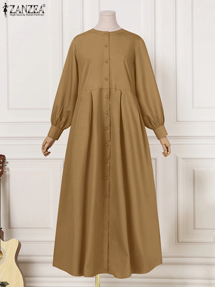 

Elegant Kaftan Shirt Dresses Women Solid 2022 ZANZEA Puff Sleeve Bohemian Holiday Sundress Casual Vestidos Party Robes Longue 1