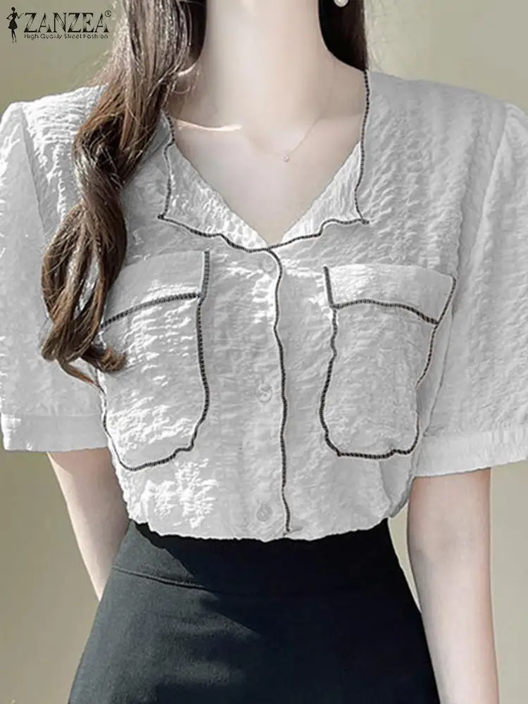 

Элегантная текстурированная женская рубашка ZANZEA, милая универсальная рубашка с коротким рукавом и круглым вырезом, Модные Цветные топы с п...