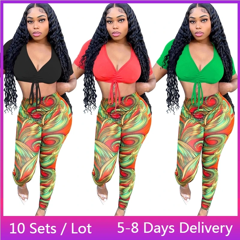 

Wholesale Items Summer Outfits for Women Bandage V Neck Crop Top and Printed Pants Set Streetwear Skinny 2 Piece Matching Sets