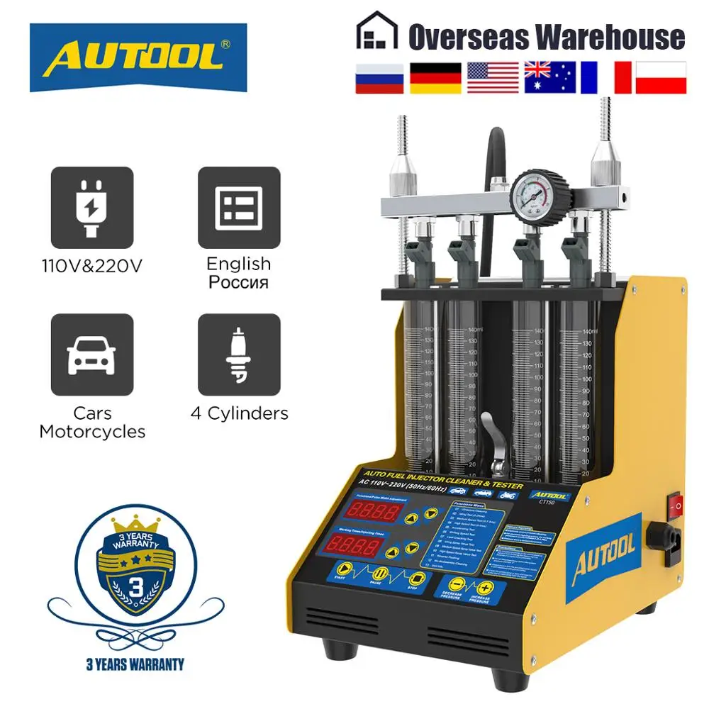 AUTOOL CT150 Original Car Fuel Injector Tester Cleaning Machine Motorcycle Fuel Injector Tester Cleaner 4 Cylinders