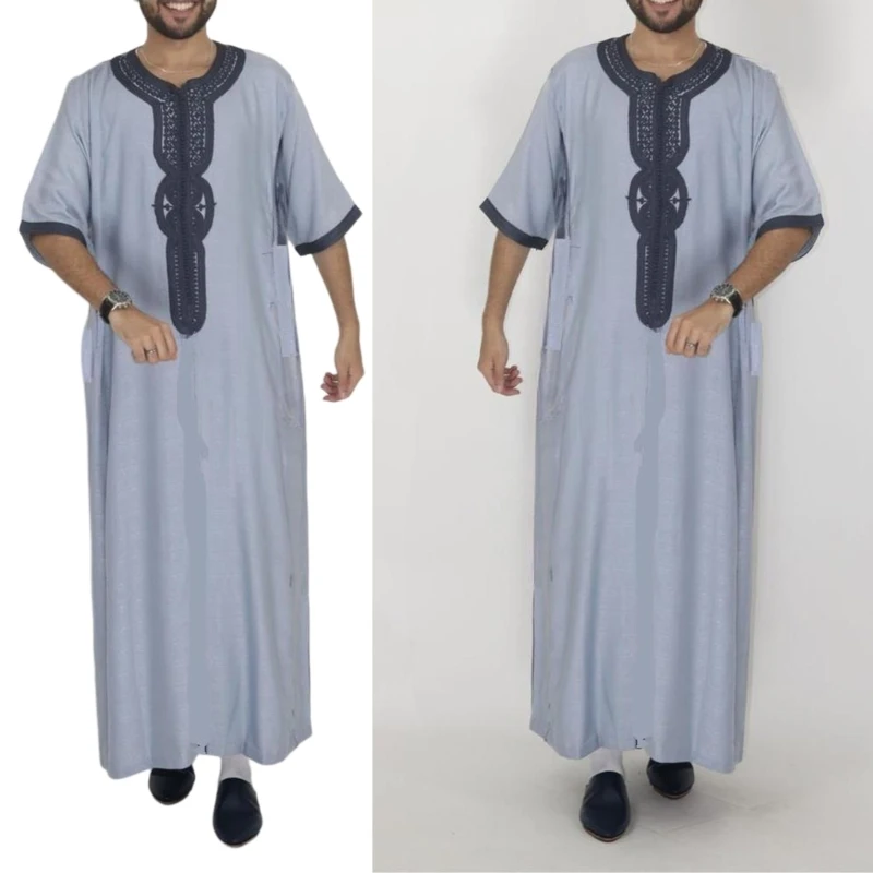 Mens Long Sleeve Kaftan Arab Robe Stand Collar Muslim Robe Crew Neck Arab Robe Islamic Robe Muslim Ethnic Clothing Robe