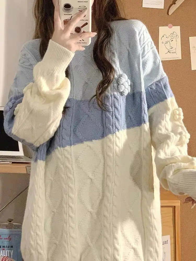 

2023 New Korean Autumn and Winter Women Loose Round Neck Knitting Sweater Spliced Warmth Loose Long Sleeve Clothing A20