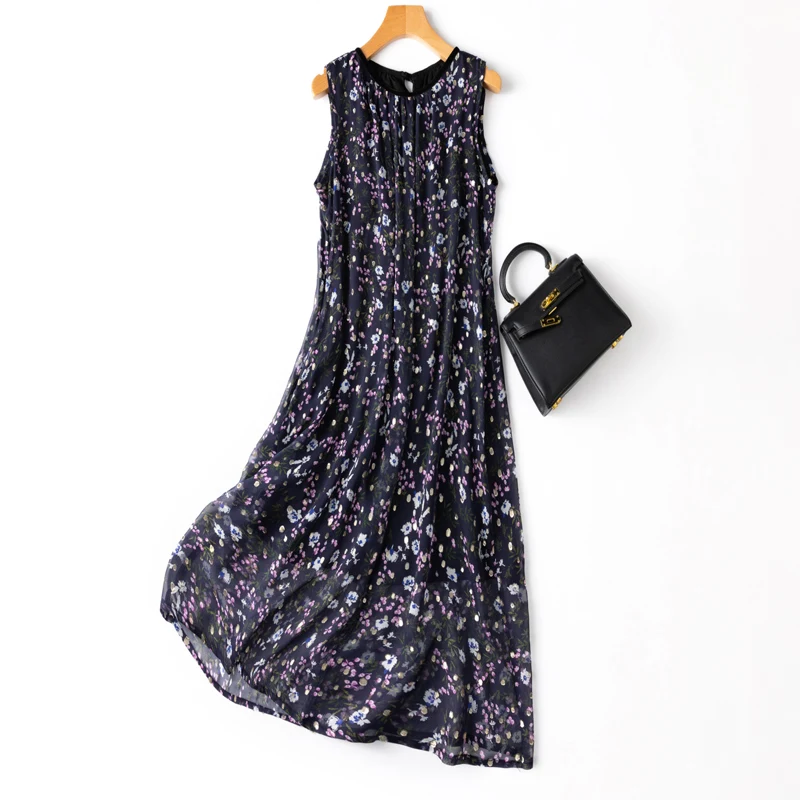 

Summer Natural Silk High Quality Thin Birthday Tank Dress for Women Bohemian A-LINE Mid-Calf O-Neck Women Fashion Clothing