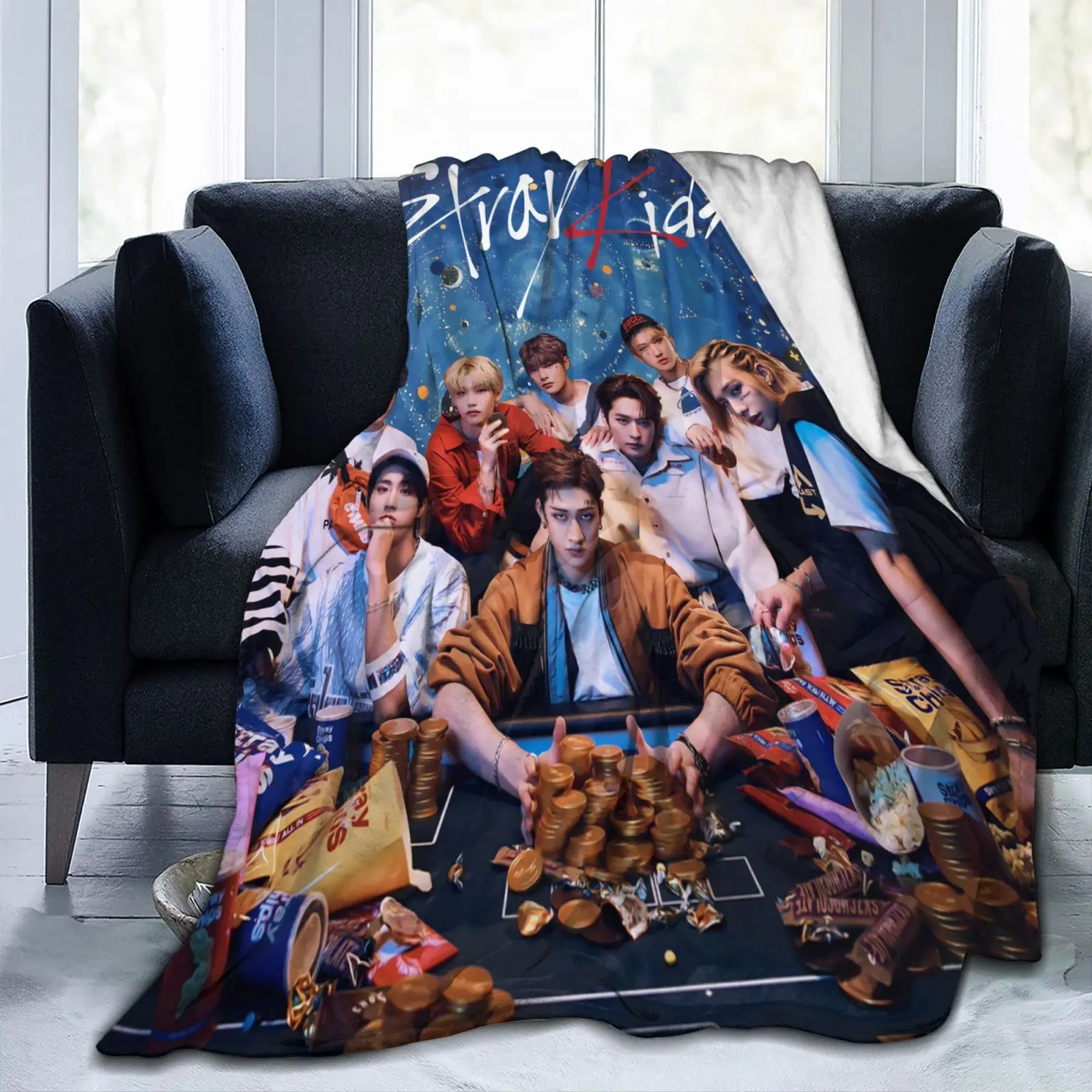 

Kpop Singer Stray Kids Blanket Soft Sofa Cover Throw Fleece Cute Lightweight Warm Stitch Kawaii Bed for Bedroom Couch Quilt