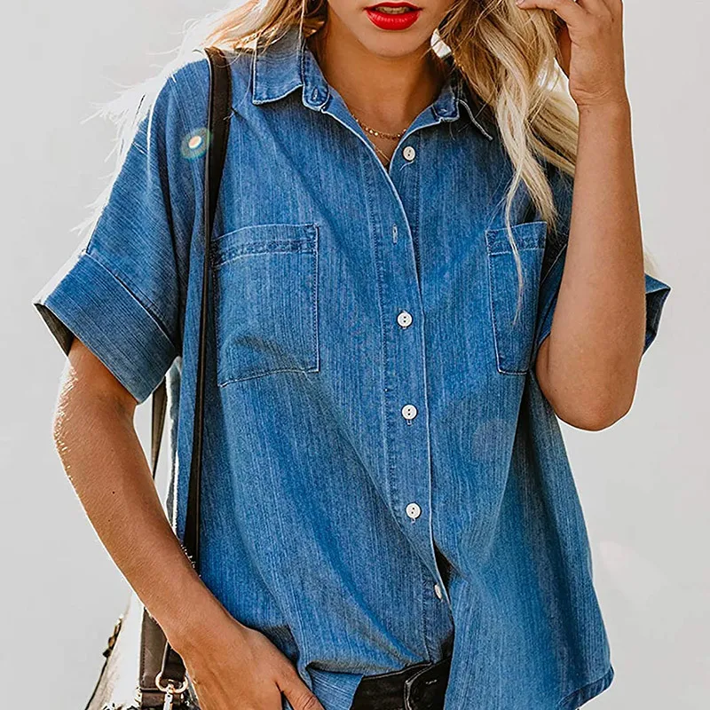 

2023 Summer Polo Shirt Women Solid Color Lapel Short-sleeved Denim Shirt Loose Shirts Women Ladies Tops