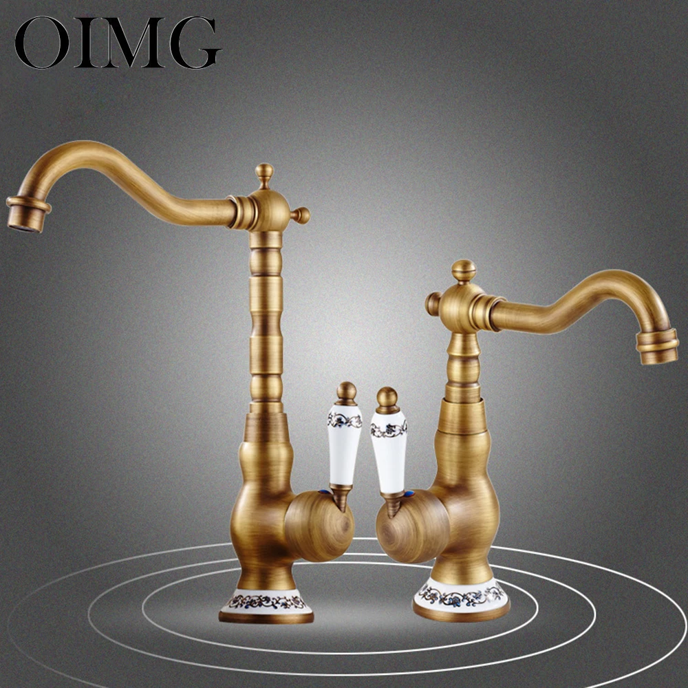 

OIMG античный кран из латуни для умывальника смеситель с одной ручкой, поворот на 360 градусов, кухонный смеситель, кухонные смесители