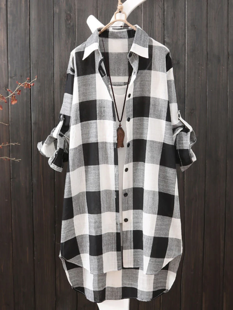 

Casual Plaid Cotton Shirt Fashion Oversized Women Loose Button Outdoorwear Tunic Shirt Blouse Female Long Sleeve Beach Sun Tops