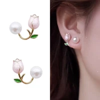 2022 new summer fresh pink flowers stud earrings contracted fashion elegant fine pearl trend women earrings jewelry