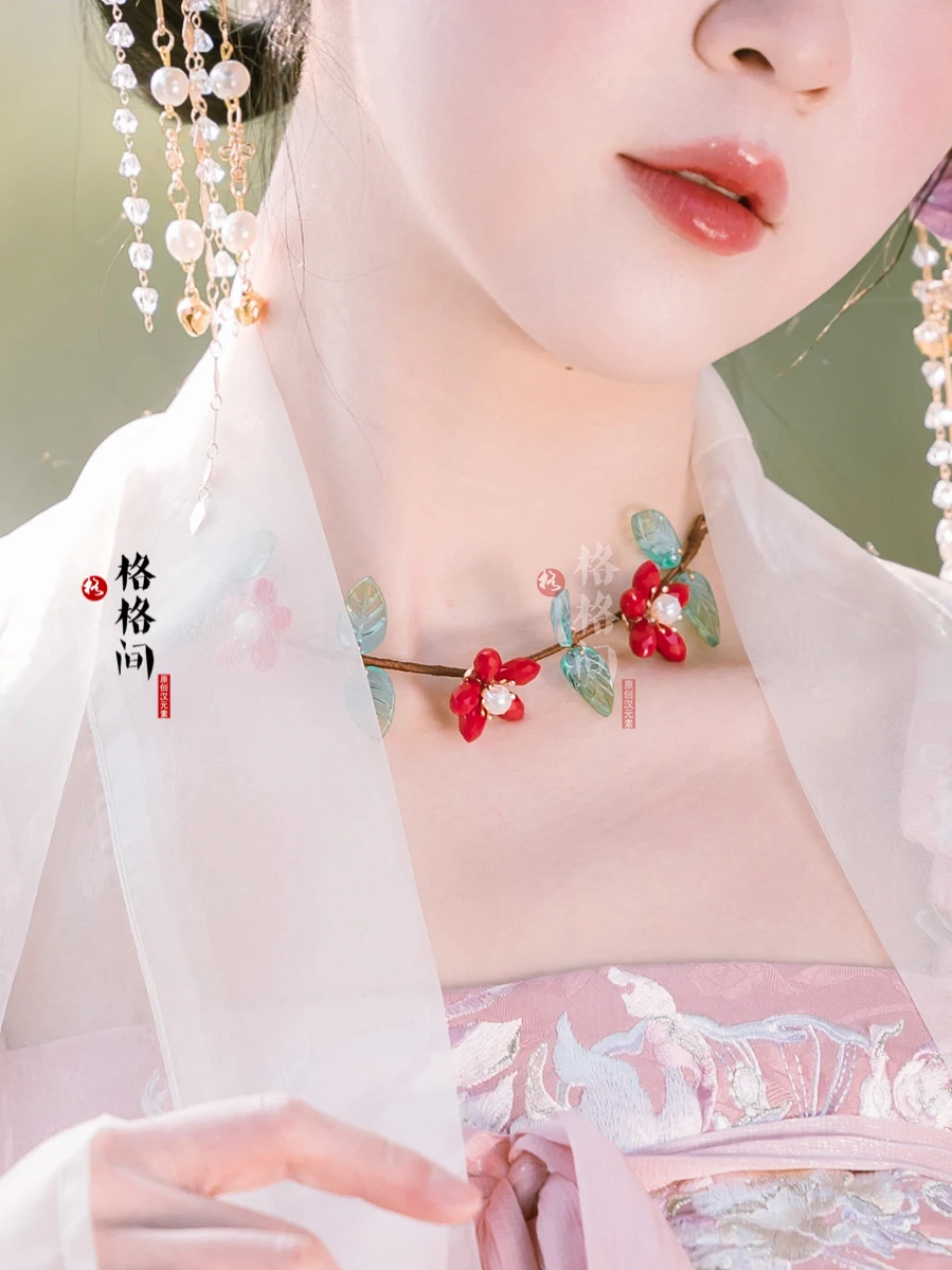 

Red Glazed Flower Ancient Style Clavicle Chain Soft Necklace Accessories Hanfu Everything Match Necklace