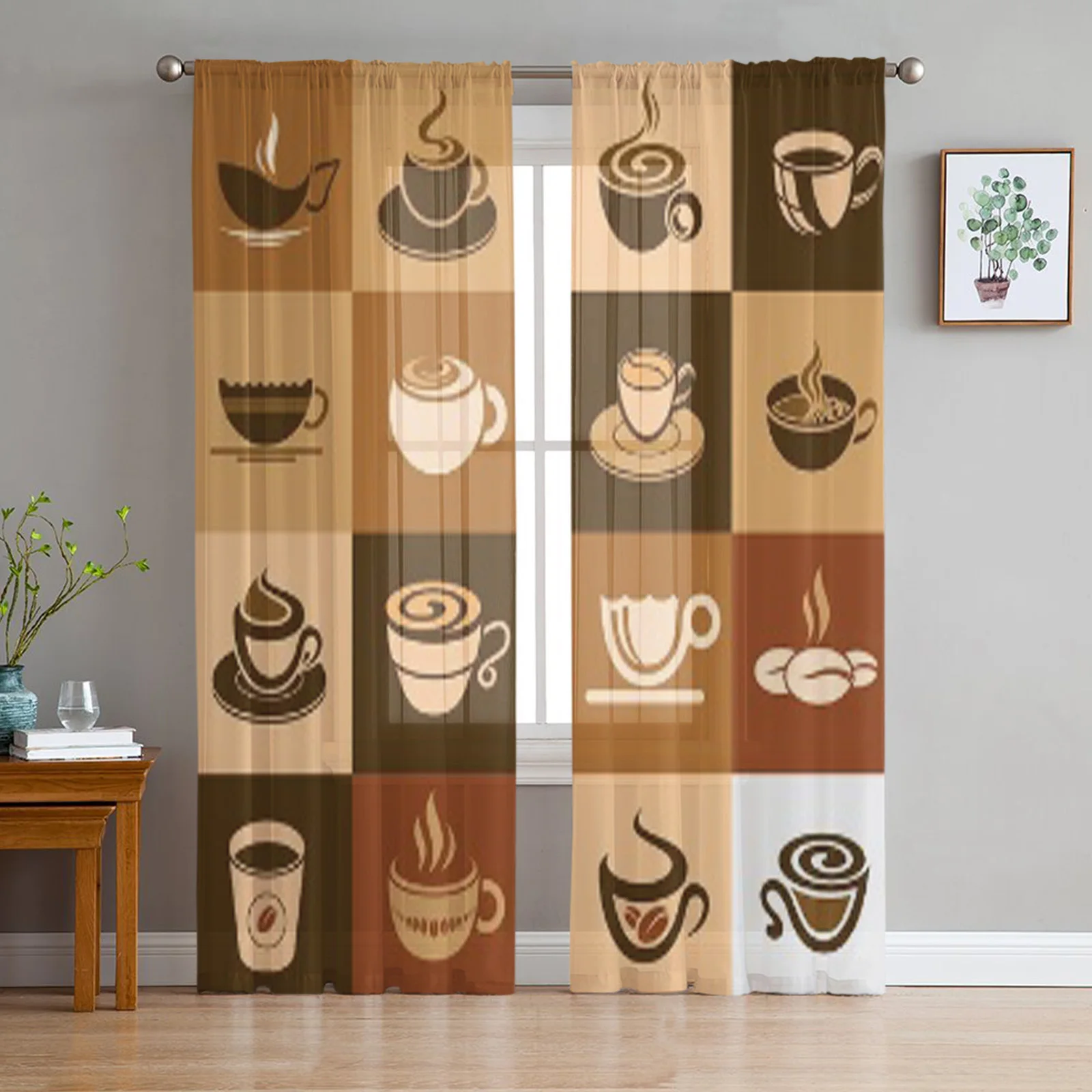 Оконная занавеска с кофейной и чайной чашкой s прозрачная шифоновая Тюлевая для