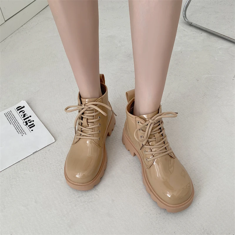 Lace Up Boots Women Round Toe Thick Sole Platform Shoes of Woman Fashion Green Ankle 2023 Pumps Square Heel Platform Boots New