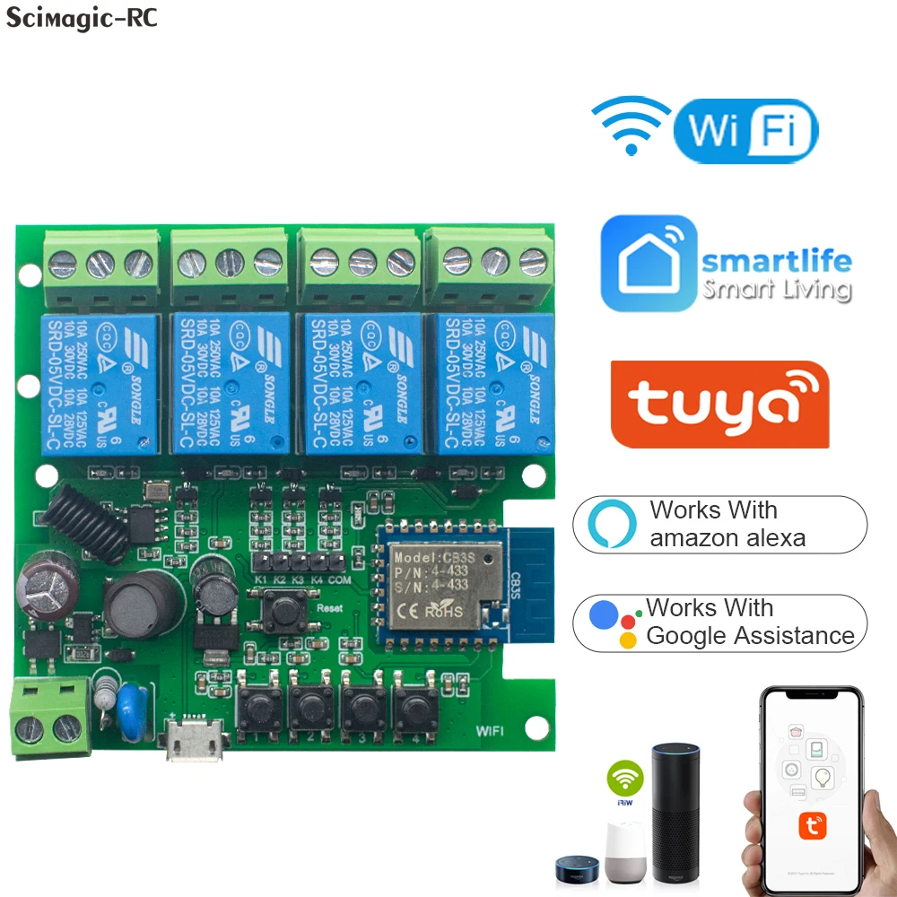 

Tuya Умный дом WiFi Переключатель 4CH DC / AC 7-32V 85-250V 220V RF приемник 10A DIY Релейный модуль для гаражных ворот / интеллектуальное управление светом