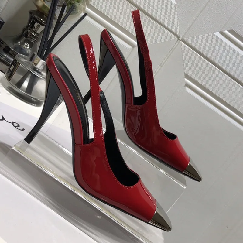 2023 New High Heels Women's Metal Square Head Thin Heel Baotou Sandals Small Documentary Shoes Women