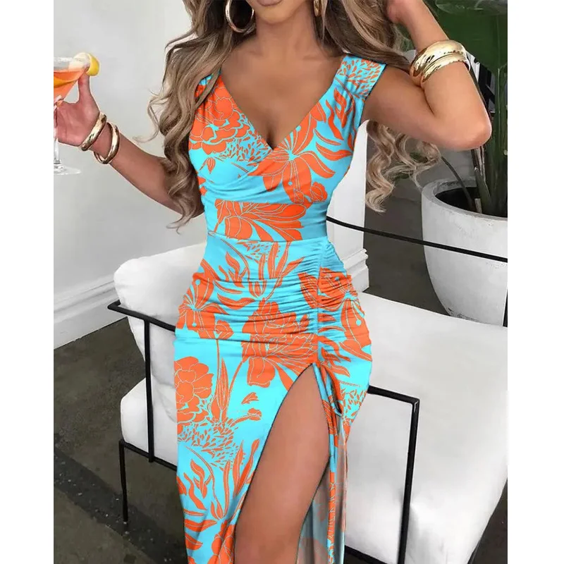 

2022 New Fashion Sexy Women Slim Bodycon Summer Dress Plants Print Drawstring Ruched High Slit Party Dress