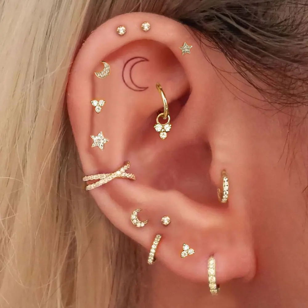 Helix Tragus Rook Piercing Earring for Women Cartilage Ear Piercing Cute Moon Star Conch Ear Clip Zircon Hoop Earring Jewelry 