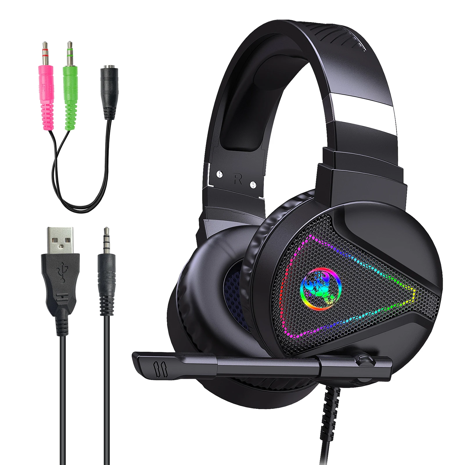 

Adapter Audio Wired Cord Over Ear Kids Adults Noise Reduction Comfortable Wear Gaming Headset RGB Light Surround Sound With Mic