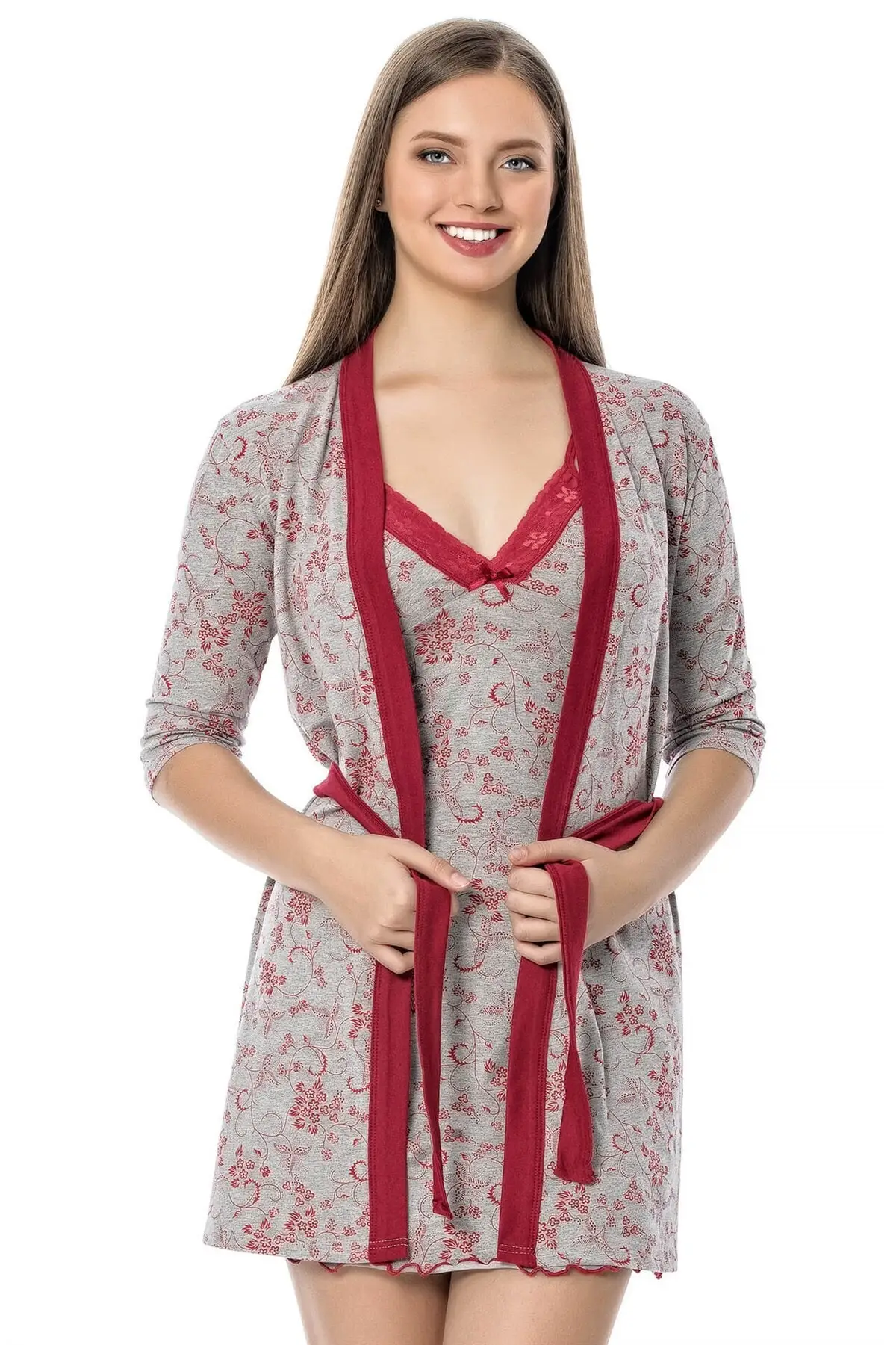 

Dressing Gown Gray Claret Red Nightgown Dressing Suit 1104 Gray - Claret Red Bathrobe robe Sleepwear Night Gown