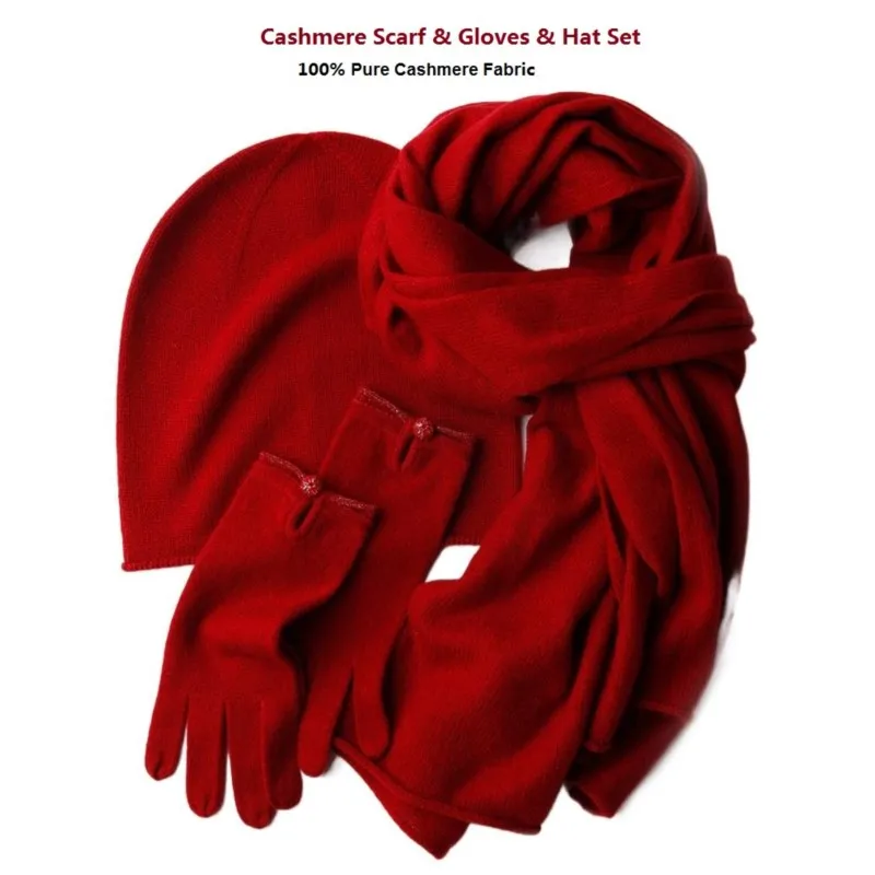 

Winter 100% Cashmere Scarf Knitted Hat Gloves 3 Pieces Set Women Pure Cashmere Scarf Red Hat & Cap With Gloves Set Fashion Warm