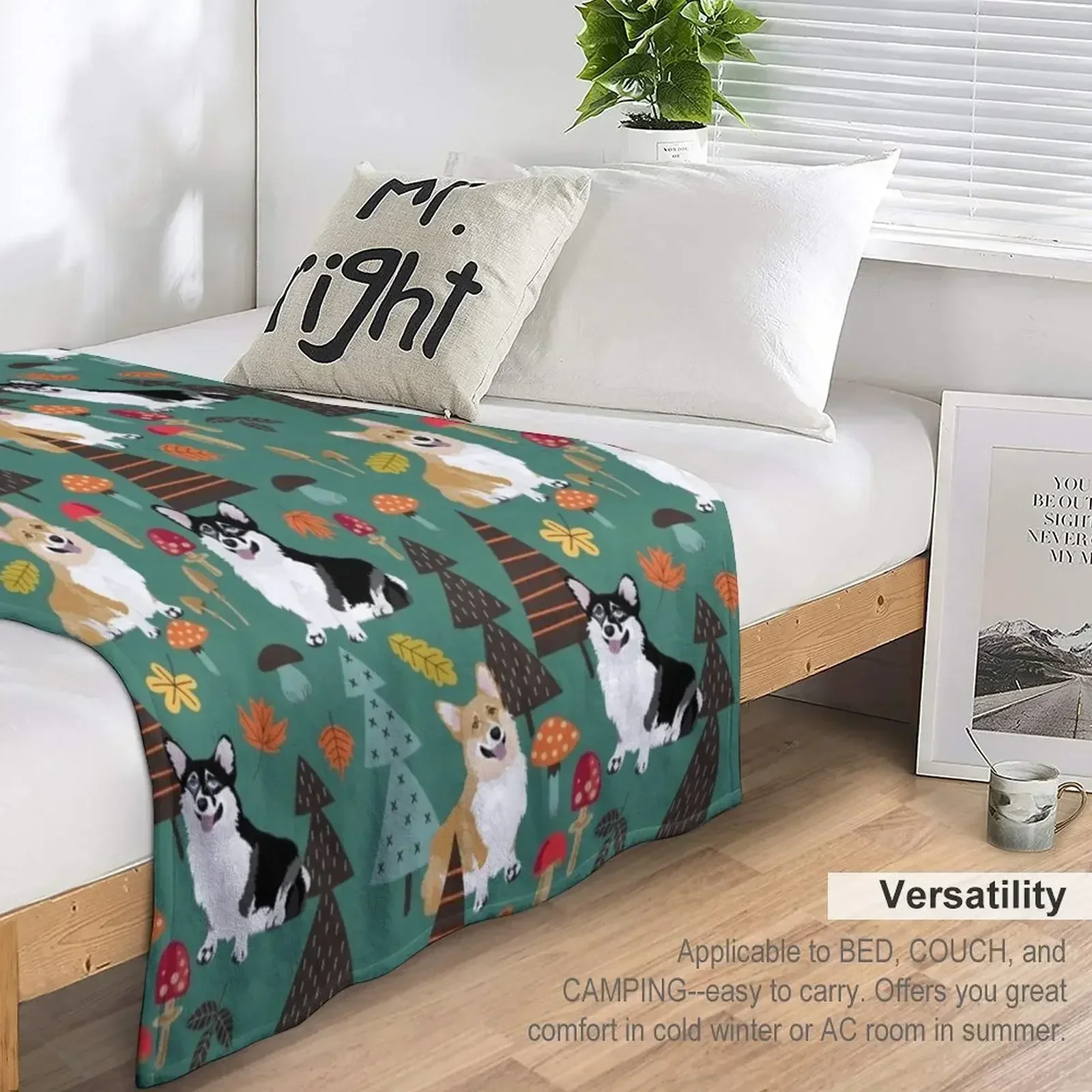 Корги в осеннем лесу — темно-бирюзовое одеяло винтажные одеяла Polar