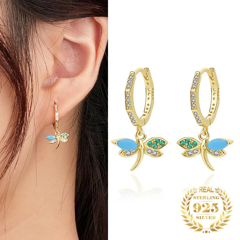

Fashion Jewelry Insect Dragonfly Earrings Sterling Silver 925 Turquoise Colorful Zircon Drop Earrings Hoop For Women