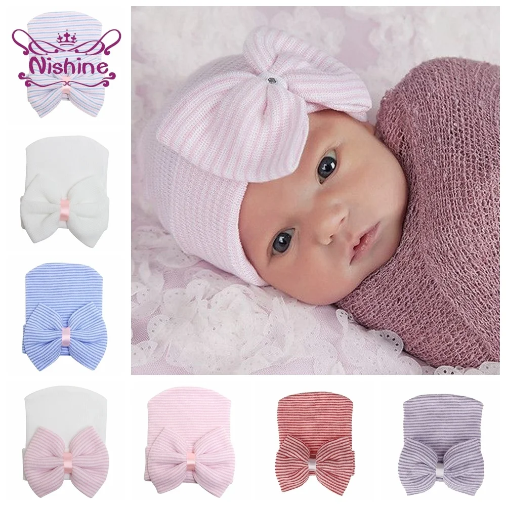 

Nisine Newborn Infant Stripe Bowknot at Baby irls Knitted Bi Bow Cap Toddler Beanie Bonnet Kids eadwear air Accessories