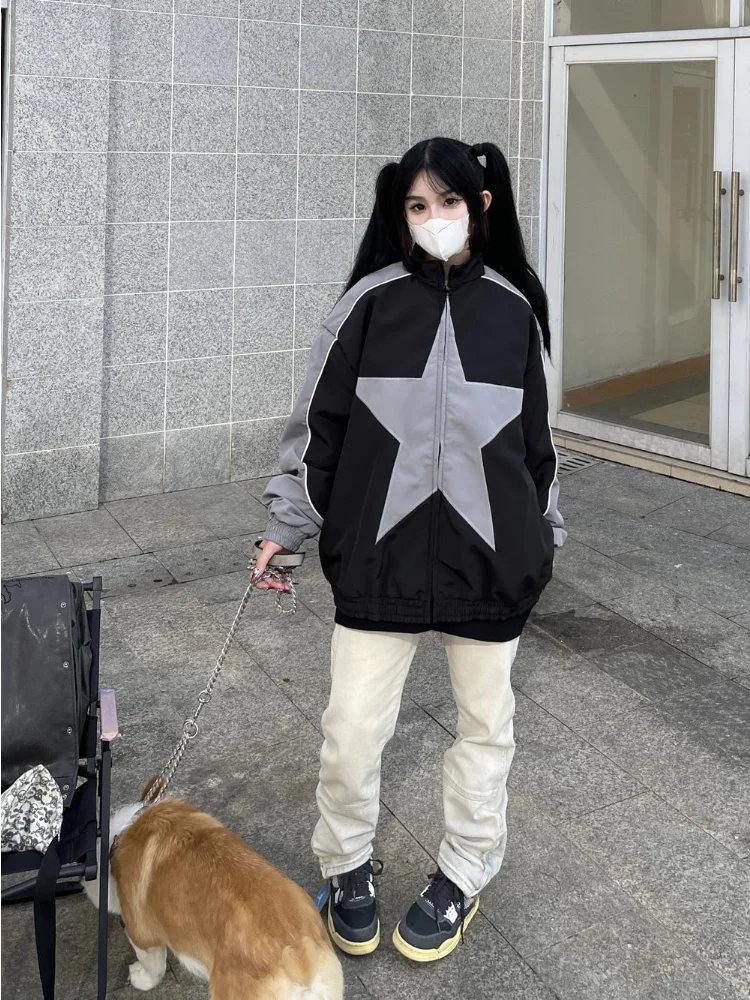 

HOUZHOU Y2K Vintage Star Bomber Jackets Women American Retro Zipper Windbreaker Jacket Patchwork Oversized Coat Female Hippie