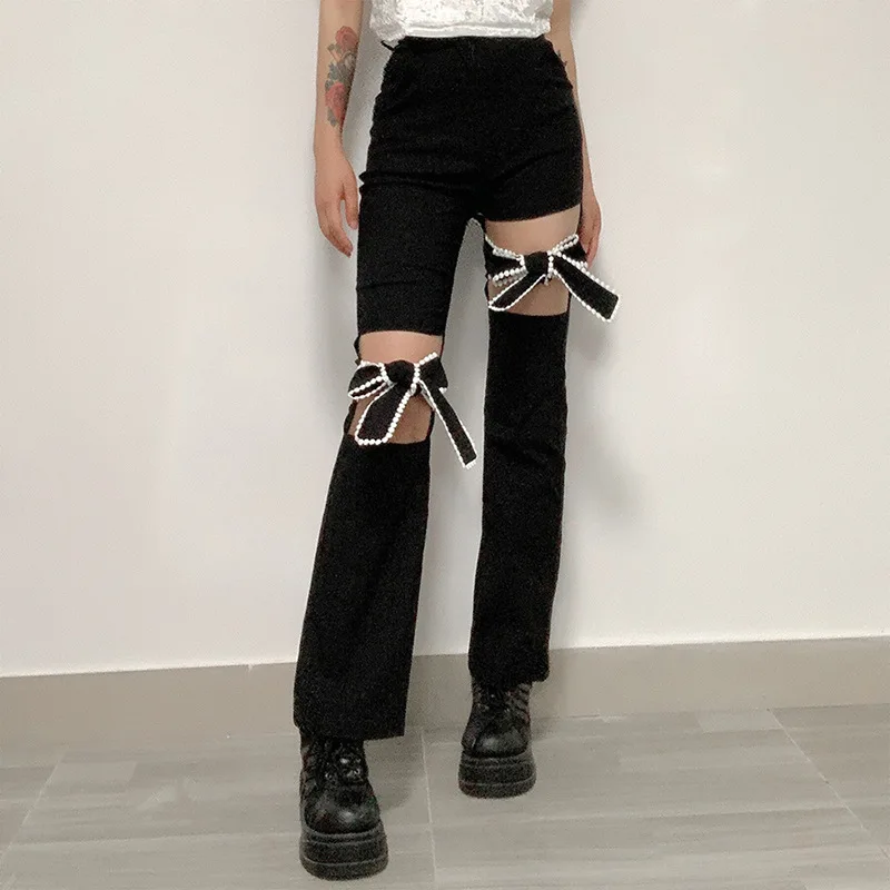 

New Chic Y2K Trend Bow Hole Women's High Waist Pants Independent Aesthetics Casual Straight Street Wear Elegant E Girl Pants