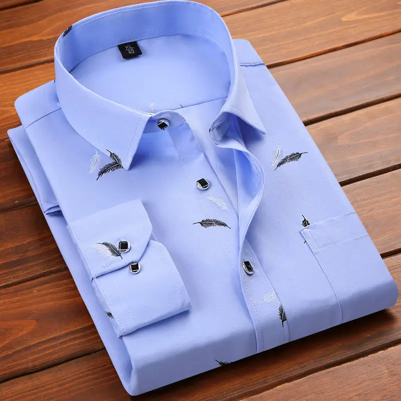 2022 Spring and Autumn New Korean Men's Long Sleeve Printed Shirt Business Casual Middle and Old Handsome Shirt