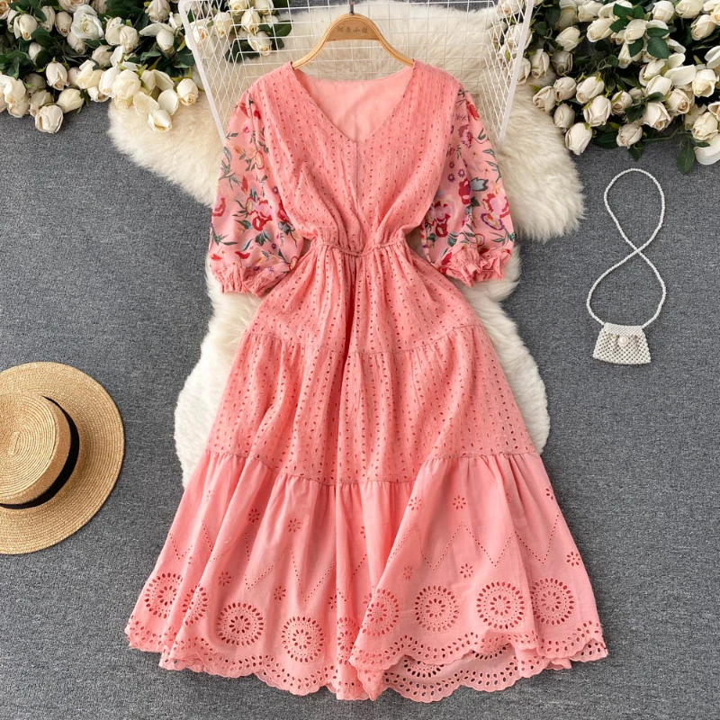 2024 Новое женское платье с v-образным вырезом и коротким рукавом цветочным принтом