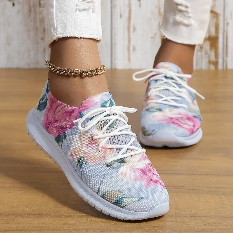 

Женские сетчатые дышащие кроссовки с цветочным рисунком, женская обувь с низким верхом на платформе для ходьбы, женские легкие кроссовки большого размера на шнуровке для бега