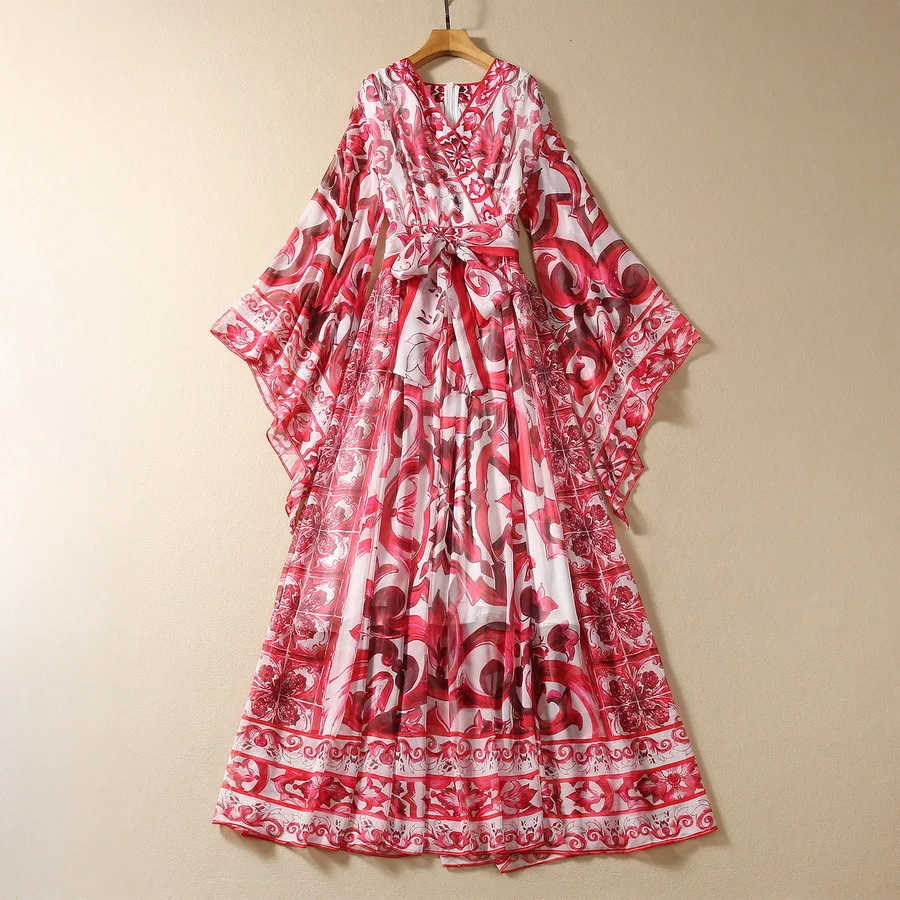 

Женская одежда в европейском и американском стиле, осень 2023, новое модное Плиссированное Платье с V-образным вырезом, длинным рукавом летучая мышь и принтом