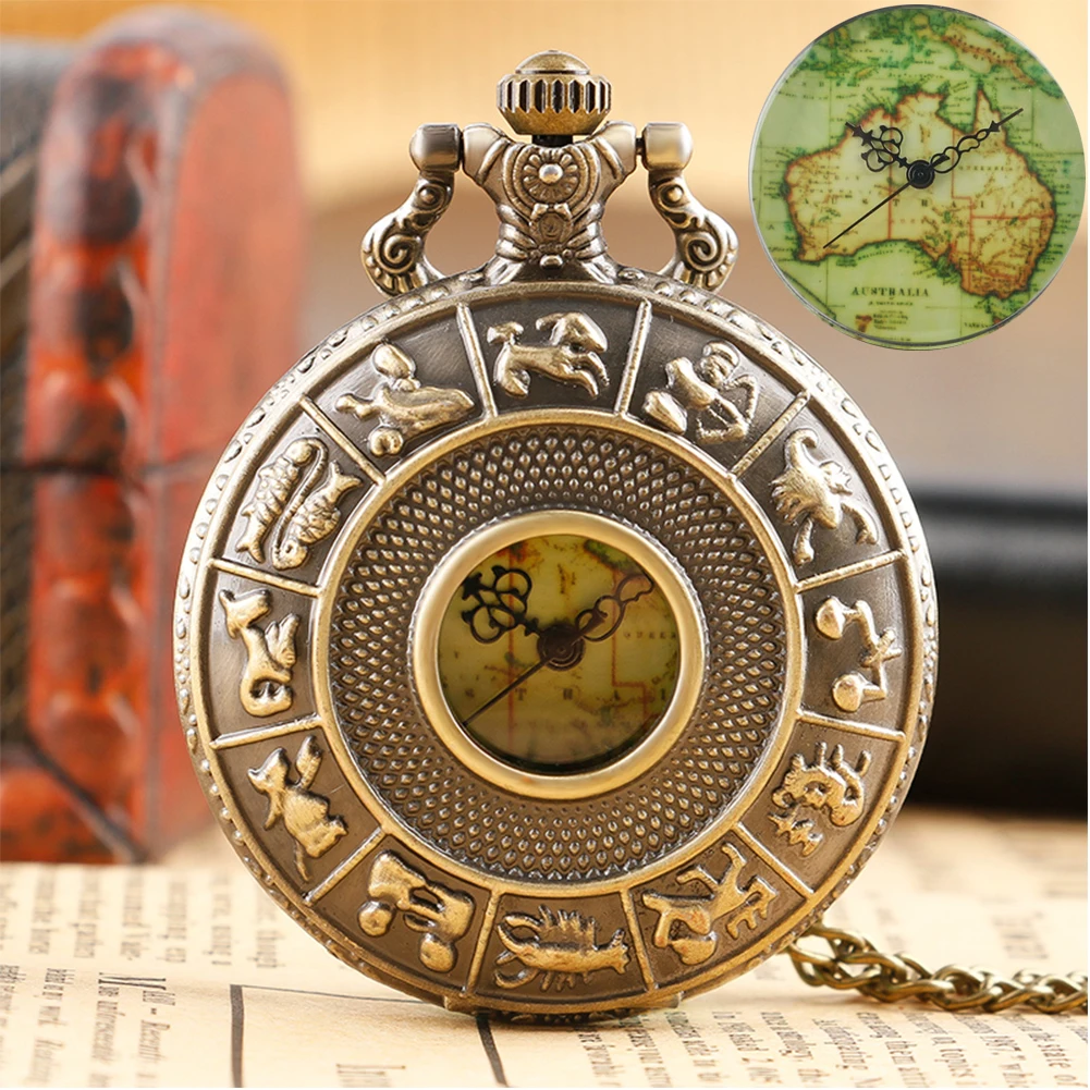 

Australia Map Pattern Display Quartz Necklace Watch Men Women Zodiac Relief Hollow Alloy Case Vintage Green Pendant Pocket Clock