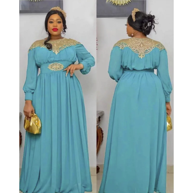 

Plus Size Turkey African Party Dresses for Women 2023 New Long Sleeve Evening Gown Elegant Muslim Chiffon Maxi Dress Robe