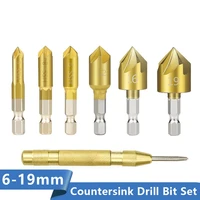 hex shank countersink drill bit 6 19mm set titanium coated 5 flute hole drill 90 degrees wood chamfering cutter