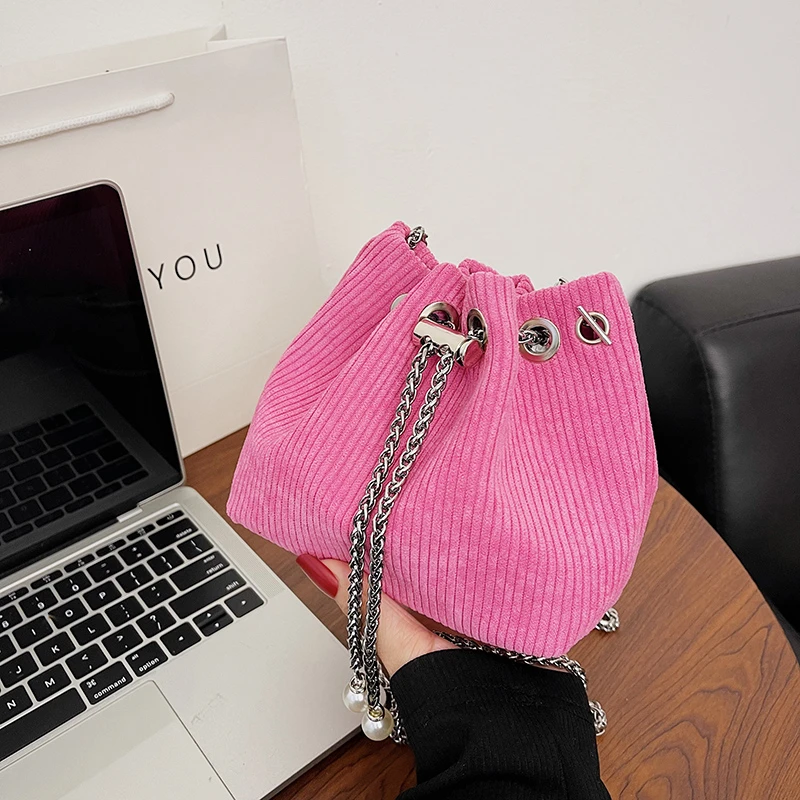 

Fashion Corduroy Bag For Women 2023 New Trendy Drawstring Handbag Bucket Female Chain Shoulder Crossbody Bag Canvas Clutch Bag
